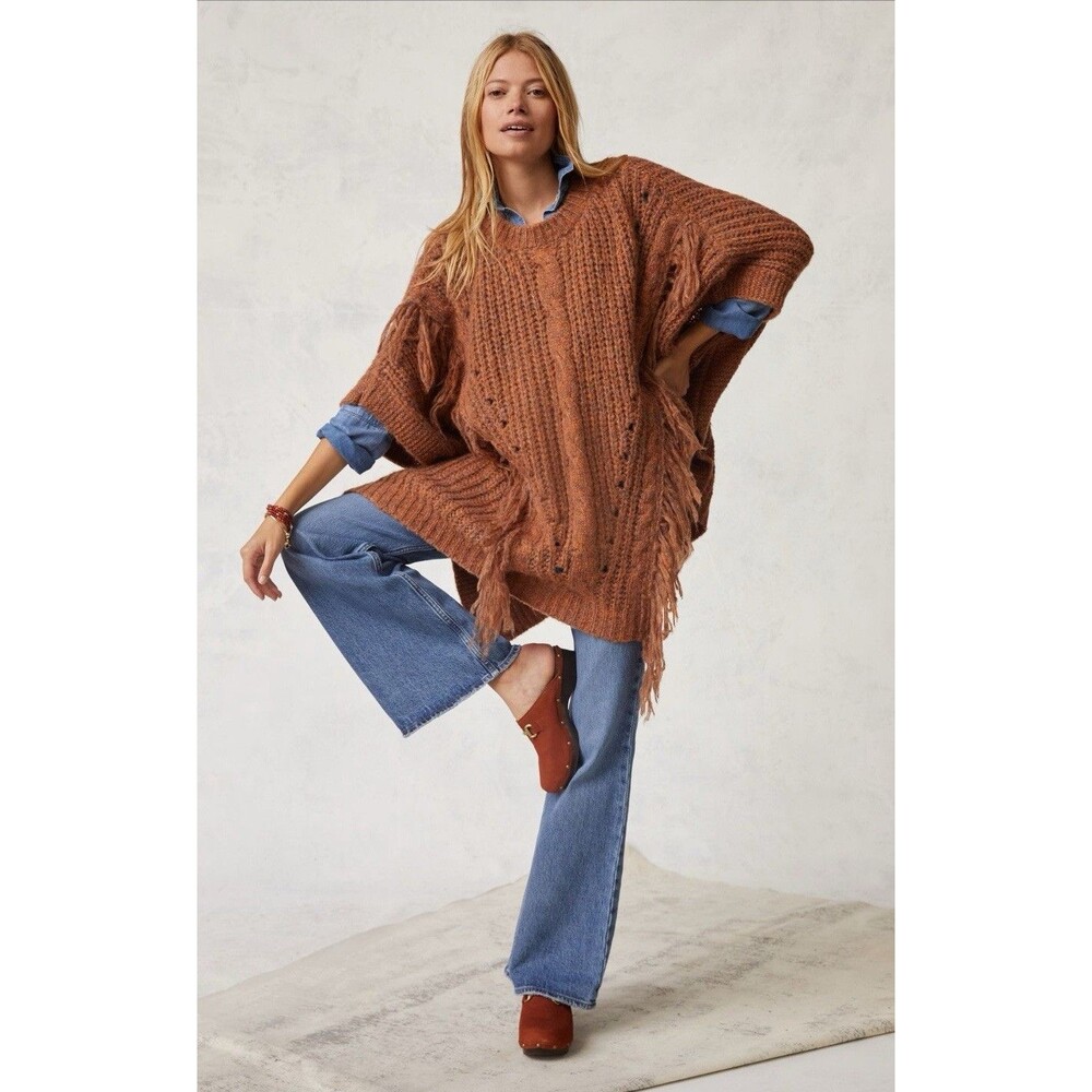 Anthropologie Poncho Women Bronze Marled Fringe Preppy Boho Retro One Size NWT